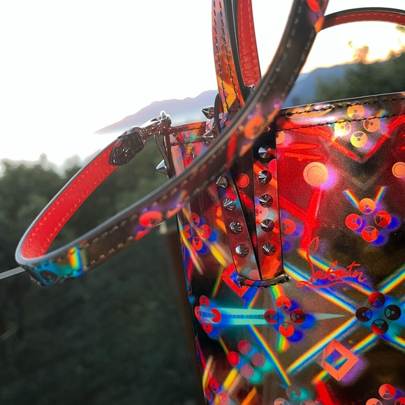 Louboutin: Holographic Patent Cabata Spiked Leather Mini Tote Crossbody Bag - Picture 15 of 17